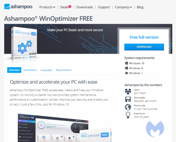 WinOptimizer的Ashampoo.com网站